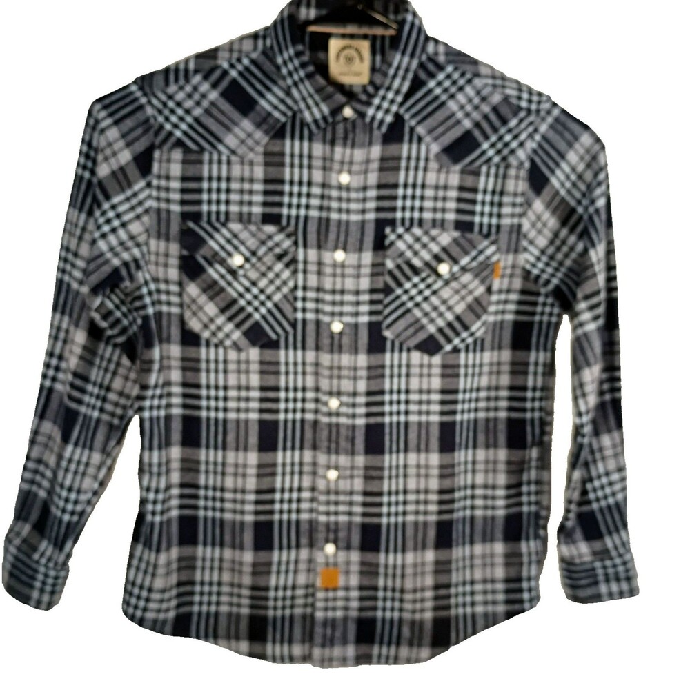 Dubinik Flannel Button Up Shirt Size L Pearl Snap Western Flap Pocket Blue Black